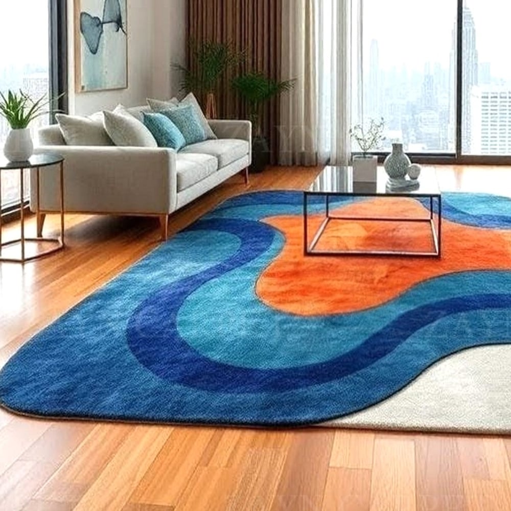 Handcrafted Blue Wave Abstract Living Room Rug